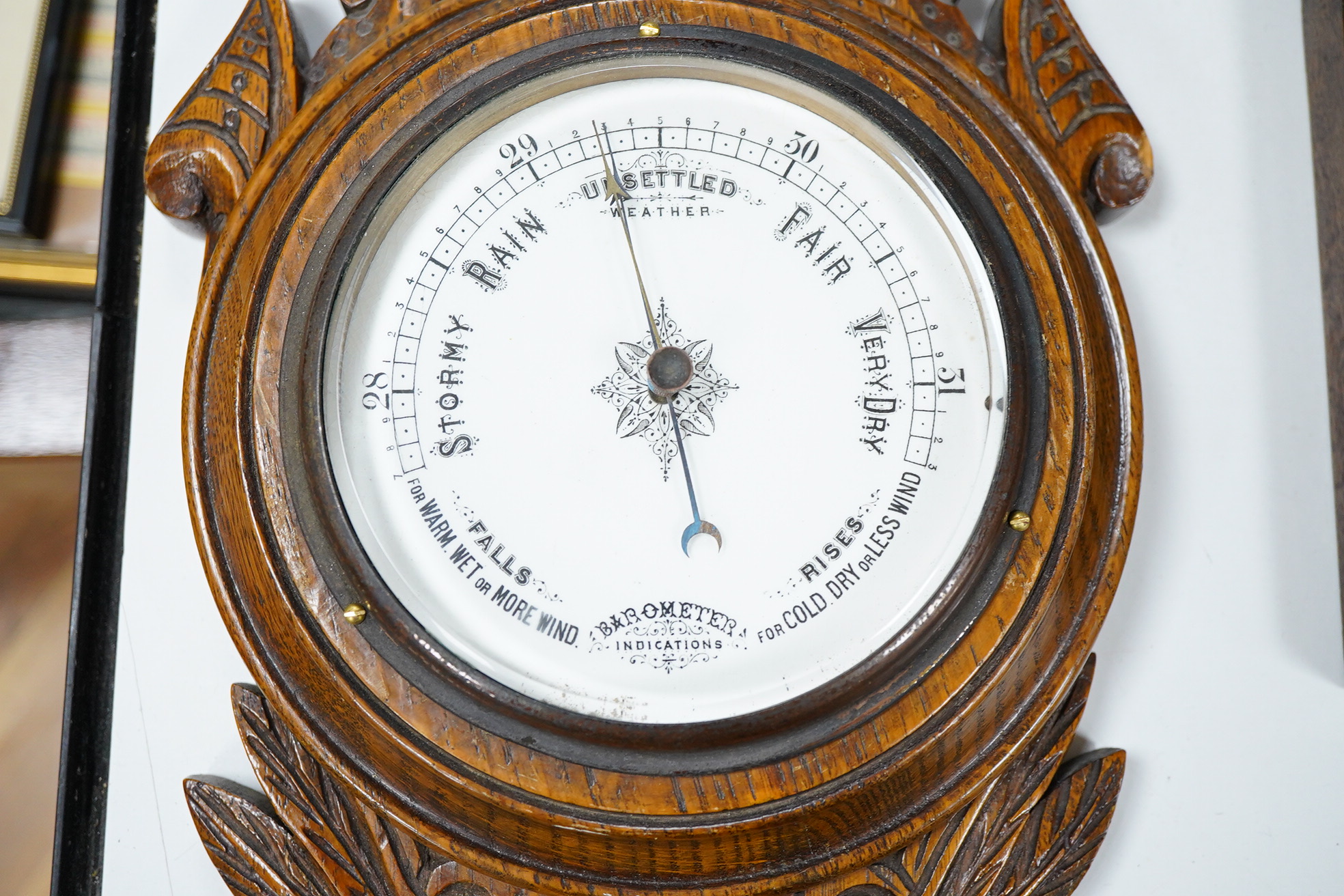 Victorian oak aneroid barometer/thermometer and Deco barometer